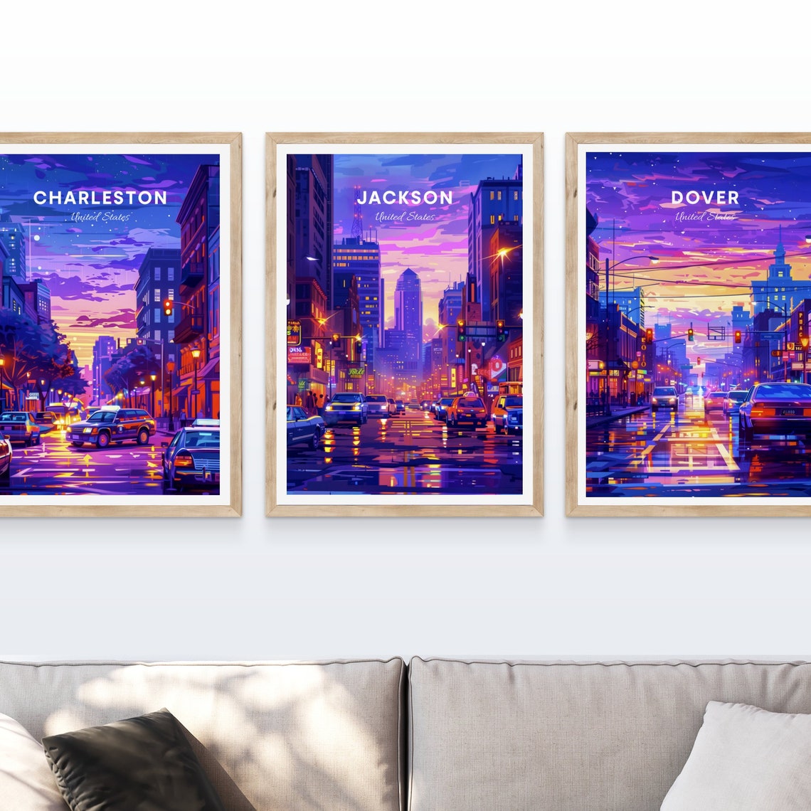 Jackson Neon Night Street Rain Lights Downtown Travel Poster - Image 3