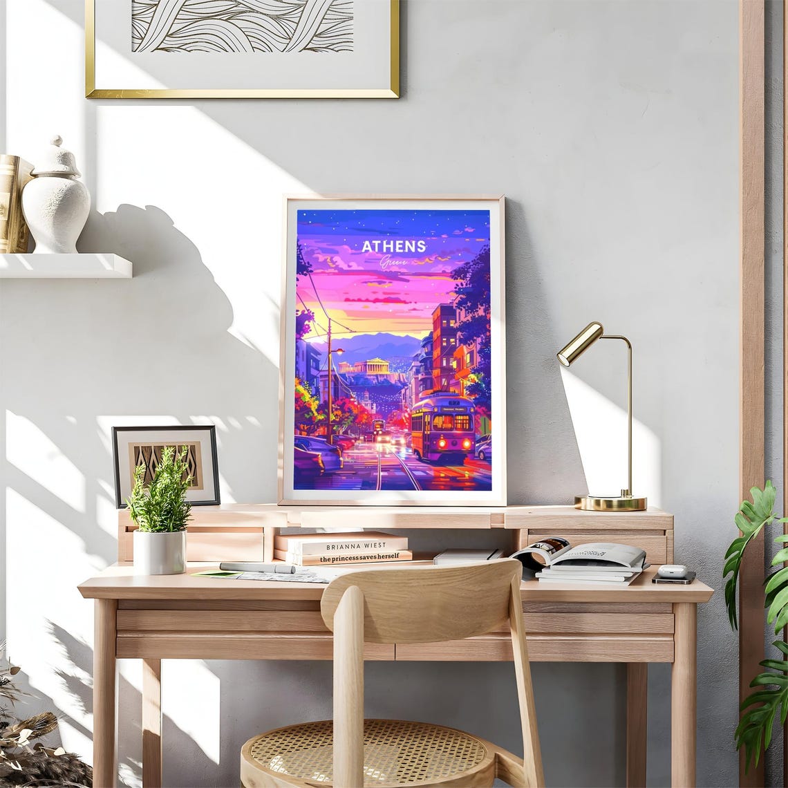 Athens Greece Night Tram Acropolis Neon Sunset View Art Poster - Image 4