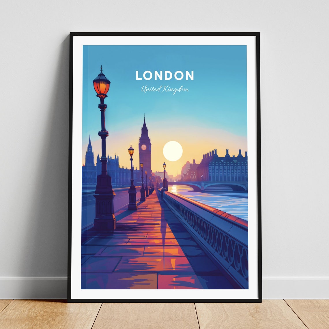 London Big Ben Westminster Bridge Lamp Lit Sunset Travel Poster
