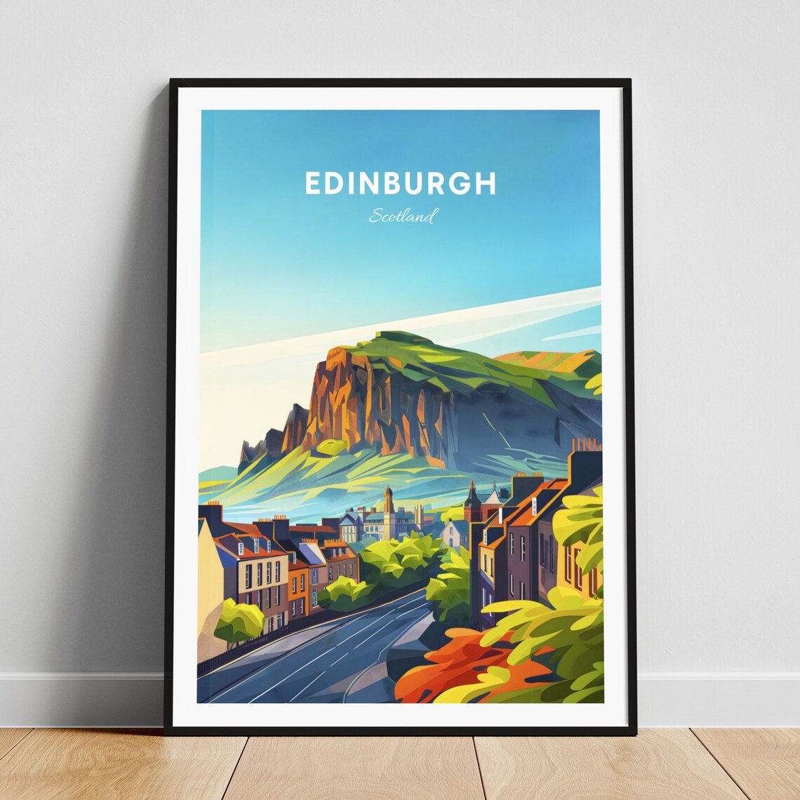 Edinburgh Scotland Arthurs Seat Hill City Rooftops Sunny Travel Poster