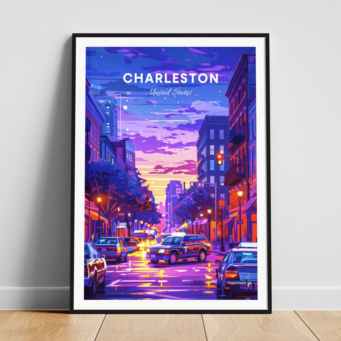 Charleston Dusk Street Traffic Neon Buildings City Travel Poster