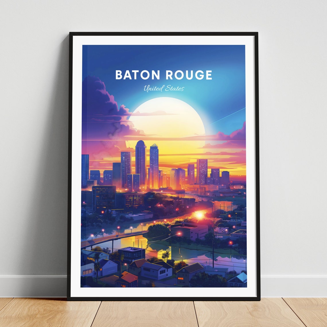 Baton Rouge Sunset River Skyline Glowing Homes Travel Poster
