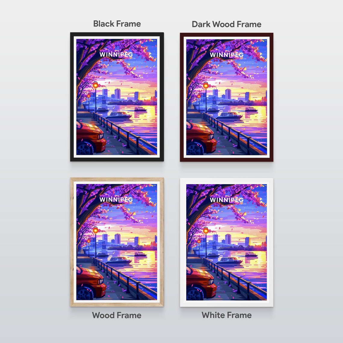 Winnipeg Canada Sunset Waterfront Cherry Blossom Boats Travel Poster - Image 2