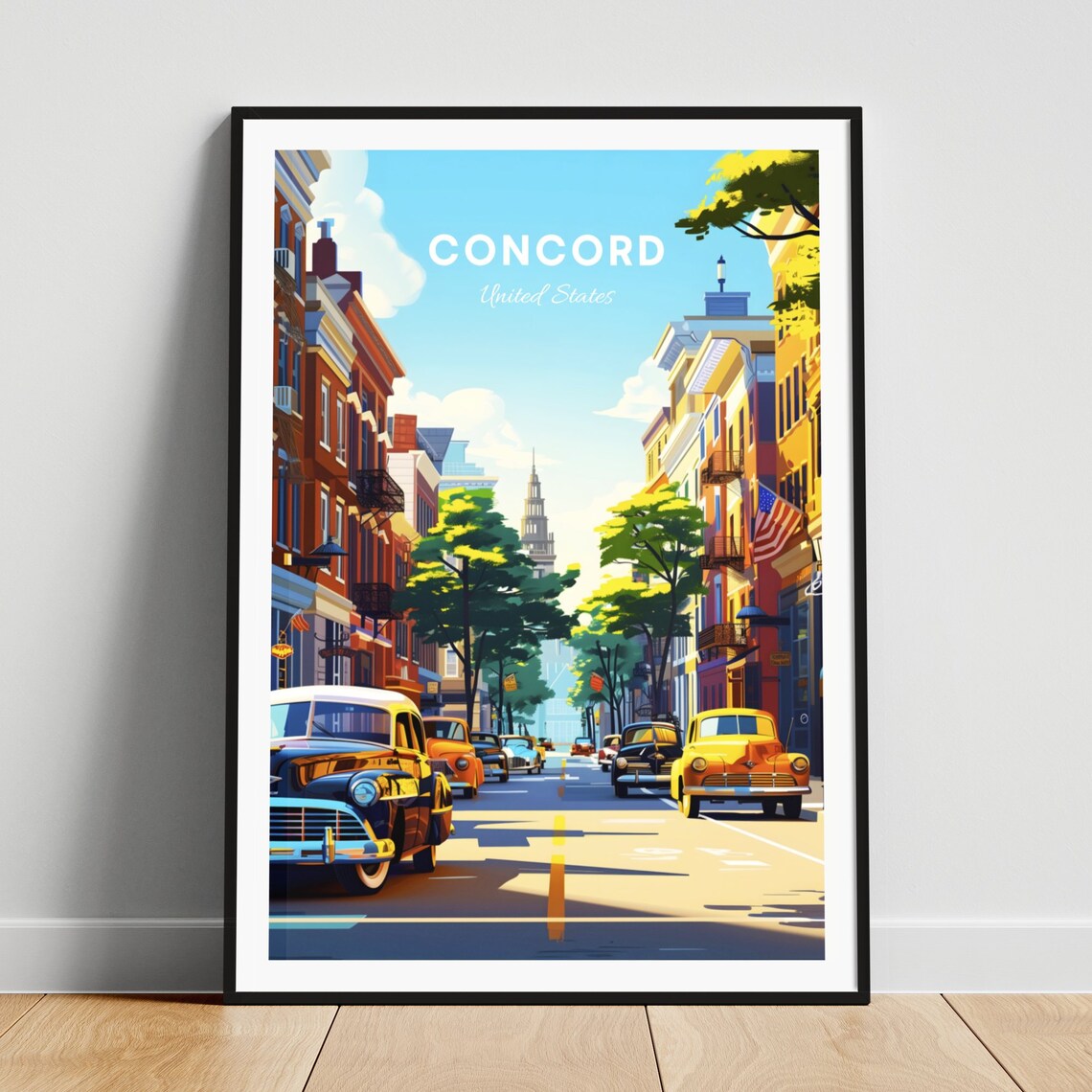 Concord New Hampshire Sunny Main Street Vintage Cars Travel Poster