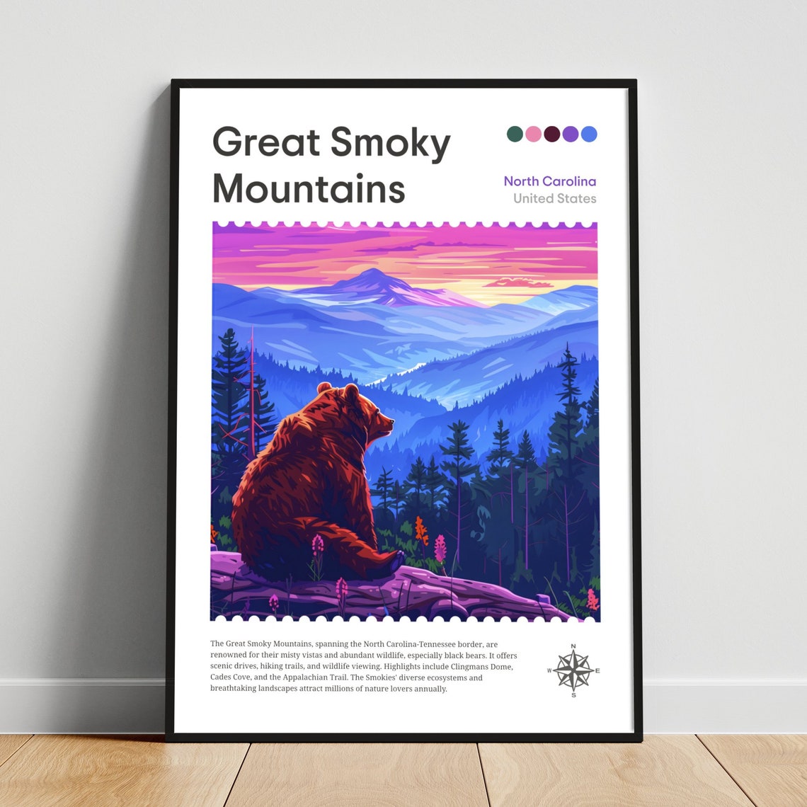 Great Smoky Mountains North Carolina Bear Ridge Sunset Travel Poster