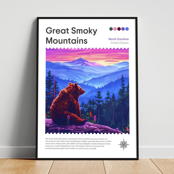 Great Smoky Mountains North Carolina Bear Ridge Sunset Travel Poster