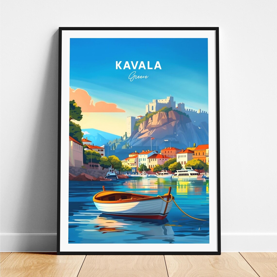 Kavala Greece Rowboat in the Harbor with Hilltop Fortress Poster
