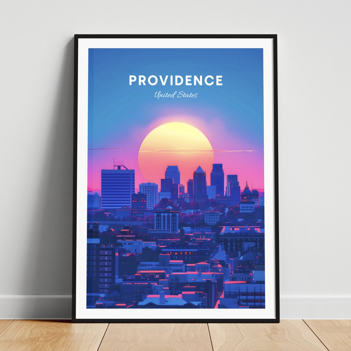 Providence Giant Sunset Skyline Big Sun City View Travel Poster