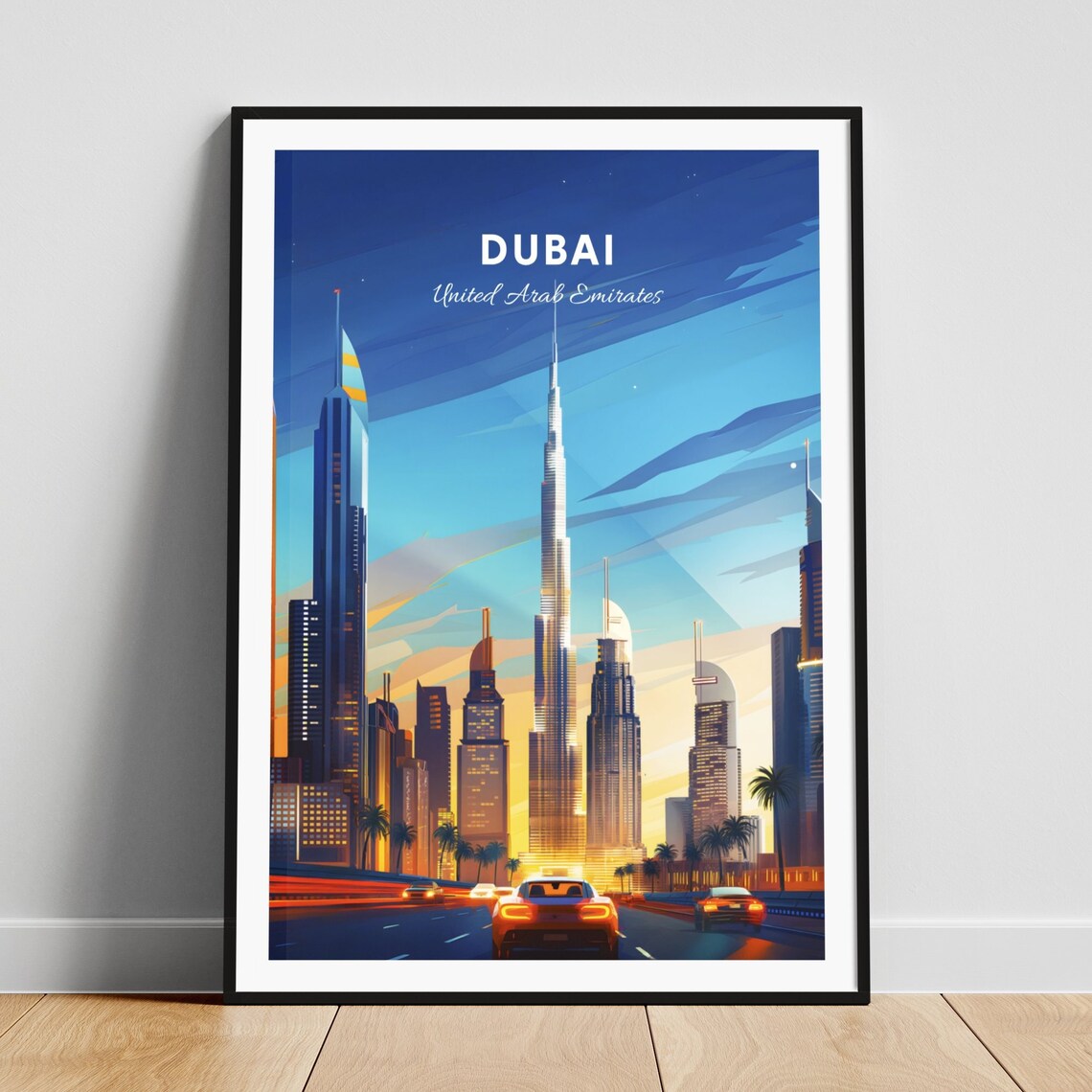 Dubai United Arab Emirates Burj Khalifa Sunset Skyline Travel Poster
