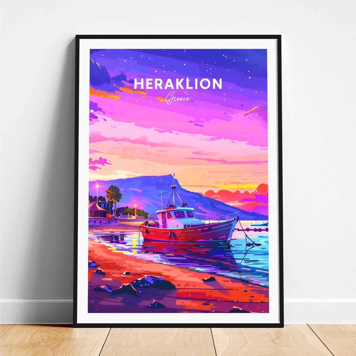 Heraklion Greece Fishing Boat Sunset Harbor Travel Art Poster