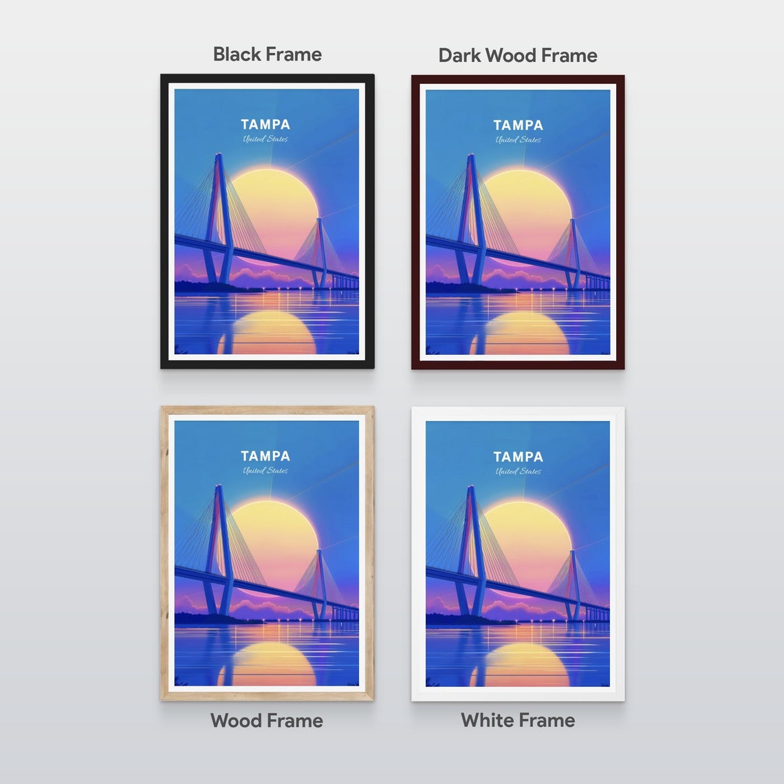 Tampa Bay Cable Stayed Bridge Sunset Over Water Retro Poster - Image 2