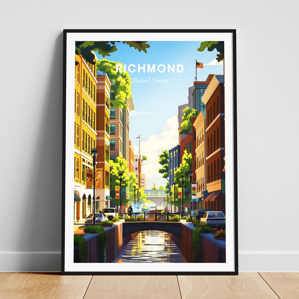 Richmond Canal District Street with a Brick Bridge Travel Poster