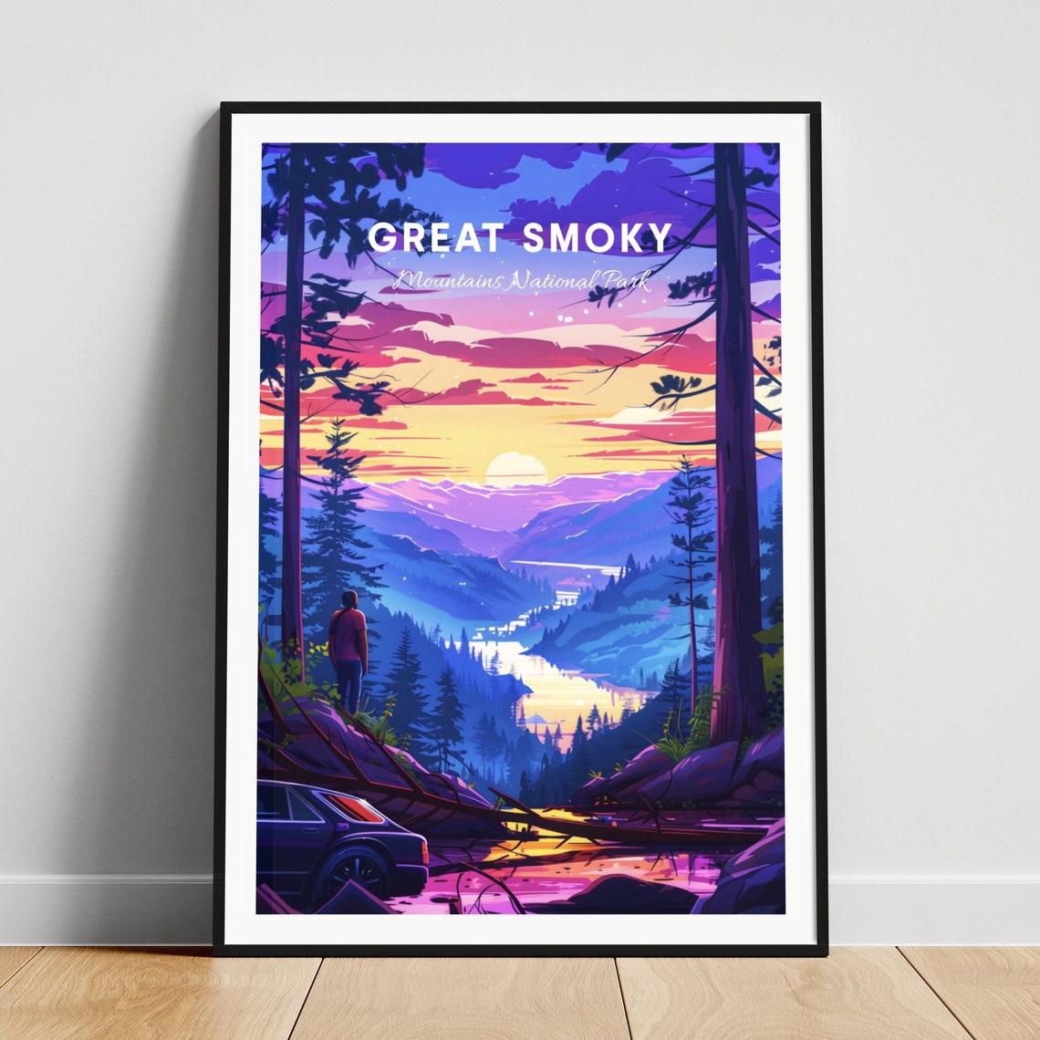 Great Smoky Mountains Hiker Sunset Valley Overlook Travel Poster