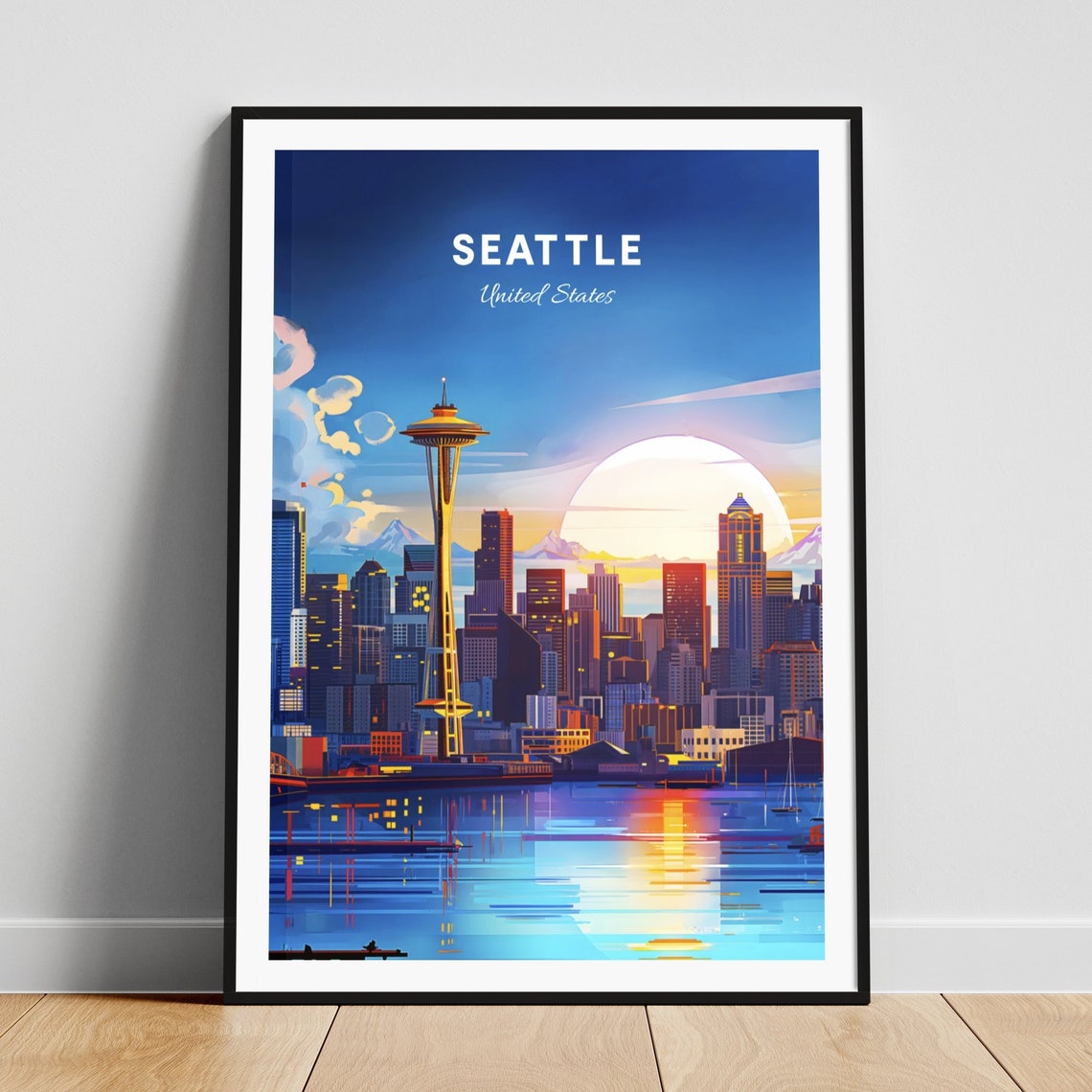 Seattle Washington Space Needle Skyline Sunset Cityscape Travel Poster