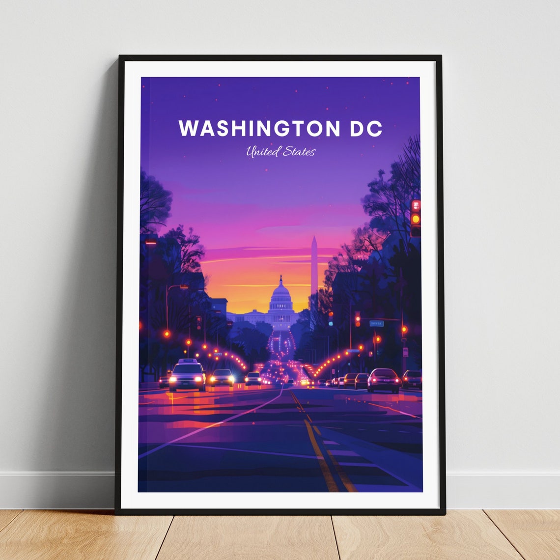 Washington DC Capitol Street Night Neon Sunset Travel Poster