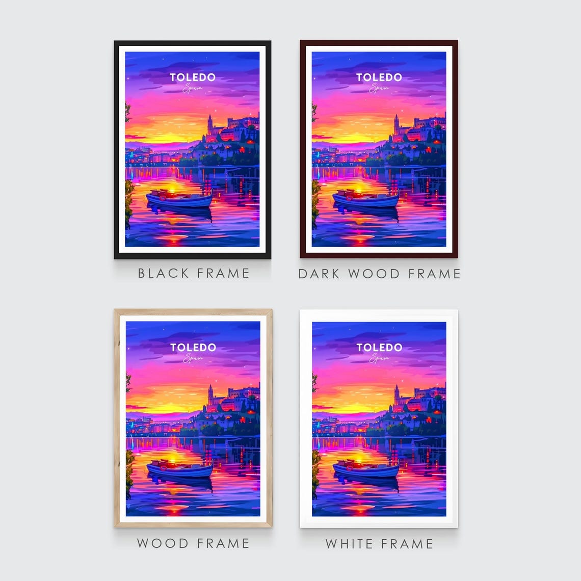 Toledo Spain Old City Sunset River Pink Sky Silhouette Boat Poster - Image 3