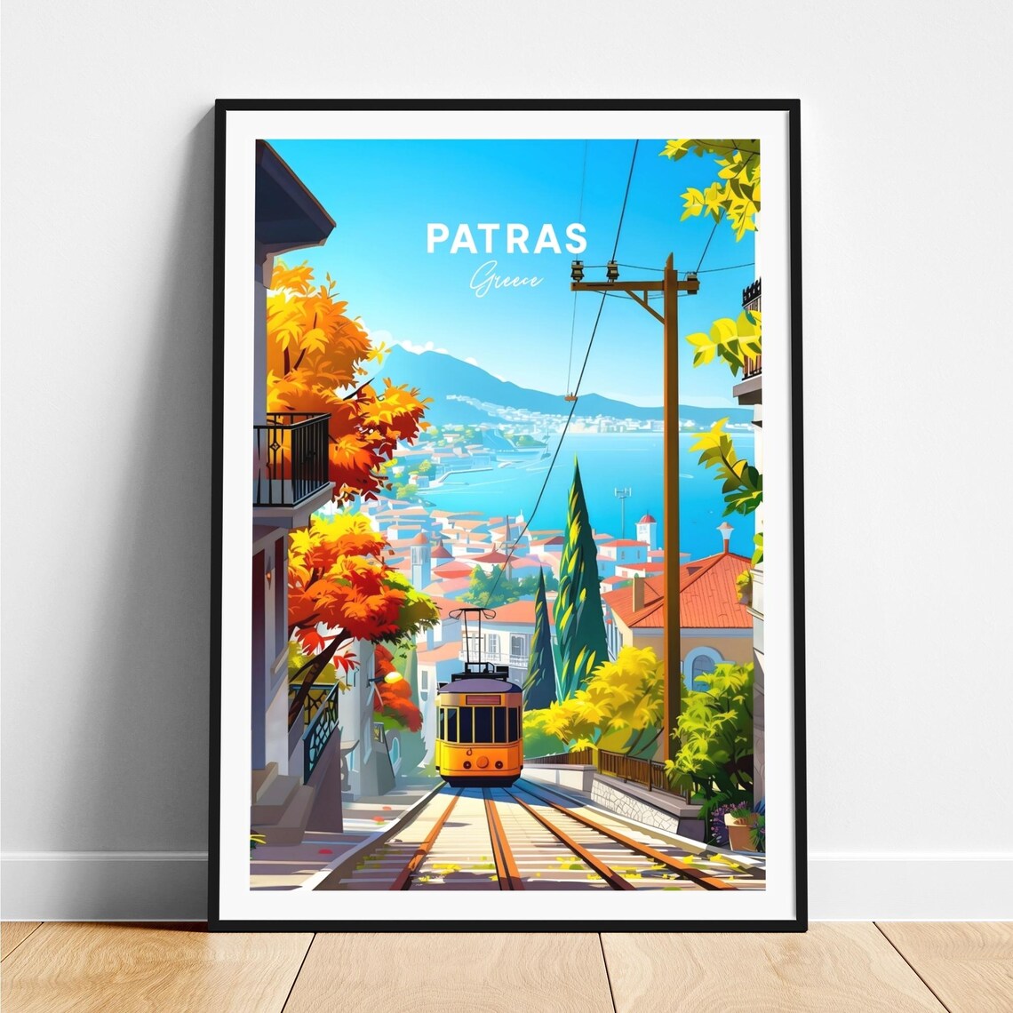 Patras Greece Vintage Tram Climbing Steep Street Above the Bay Poster