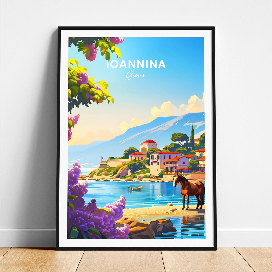 Ioannina Greece Horse on Lakeshore with Town and Mountains Poster