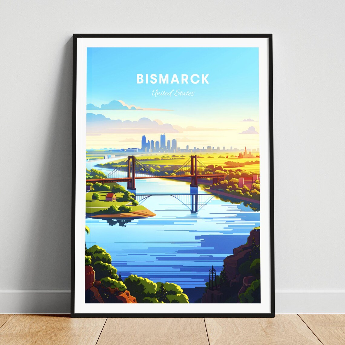 Bismarck North Dakota River Suspension Bridge Skyline Travel Poster