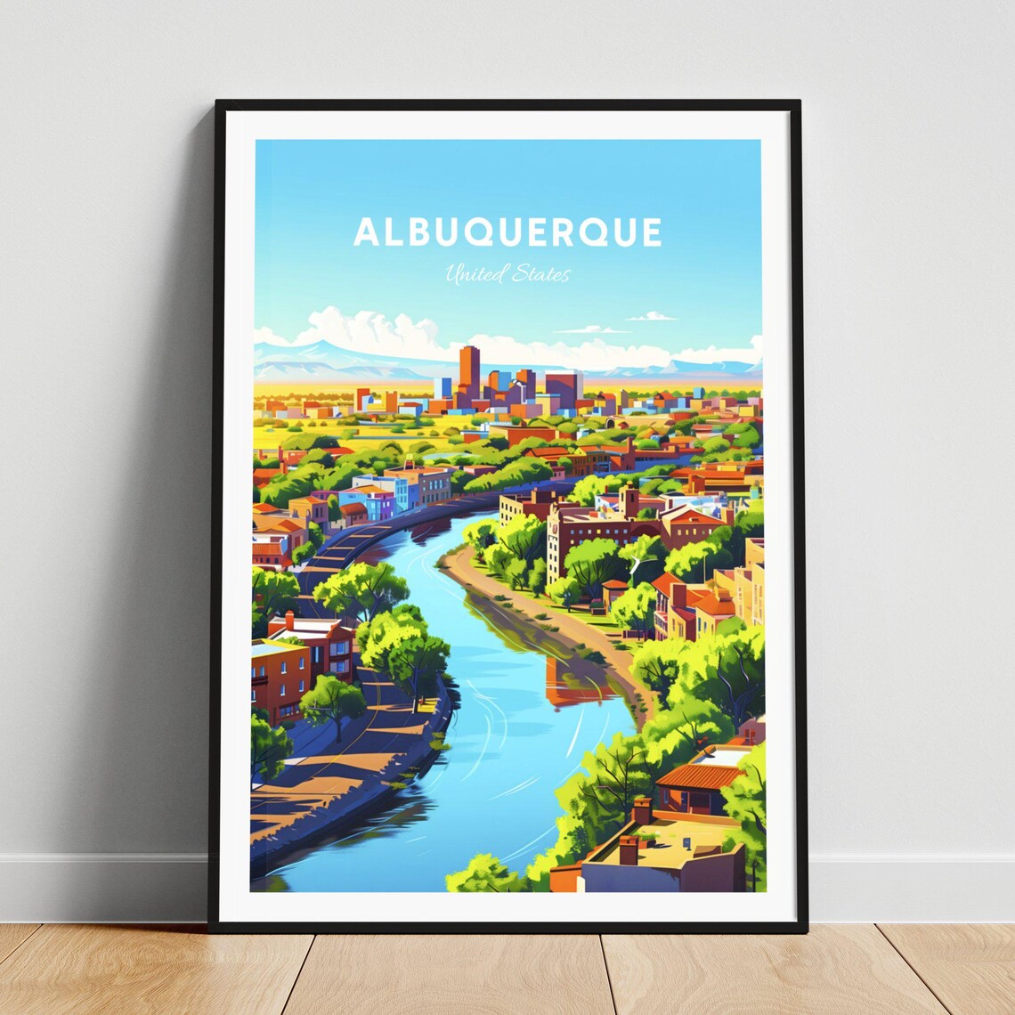 Albuquerque United States River Cityscape with Skyline Travel Poster