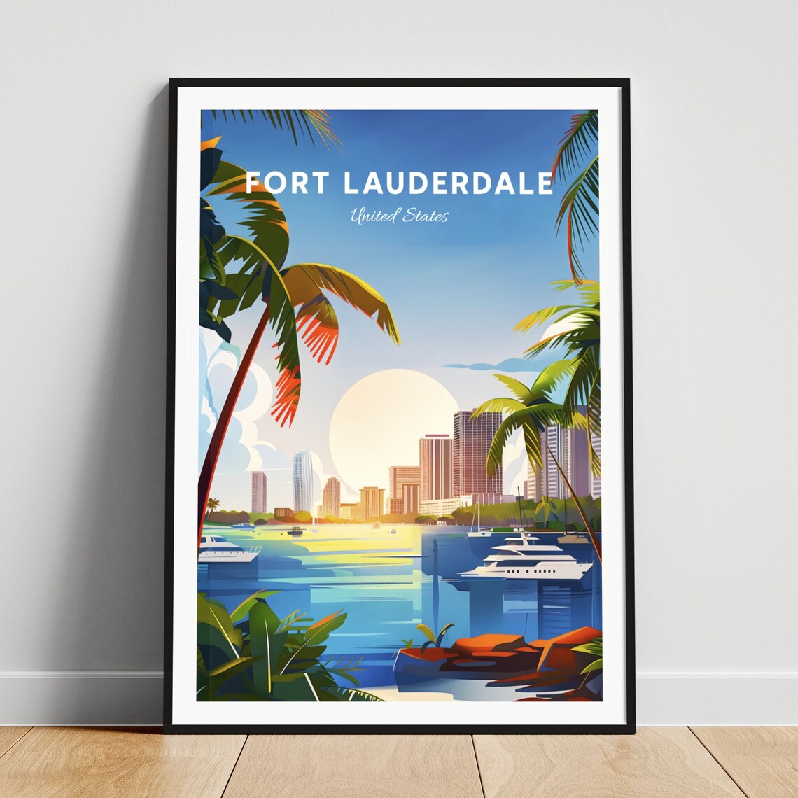 Fort Lauderdale Marina Skyline Sunset Yachts Harbor Travel Poster
