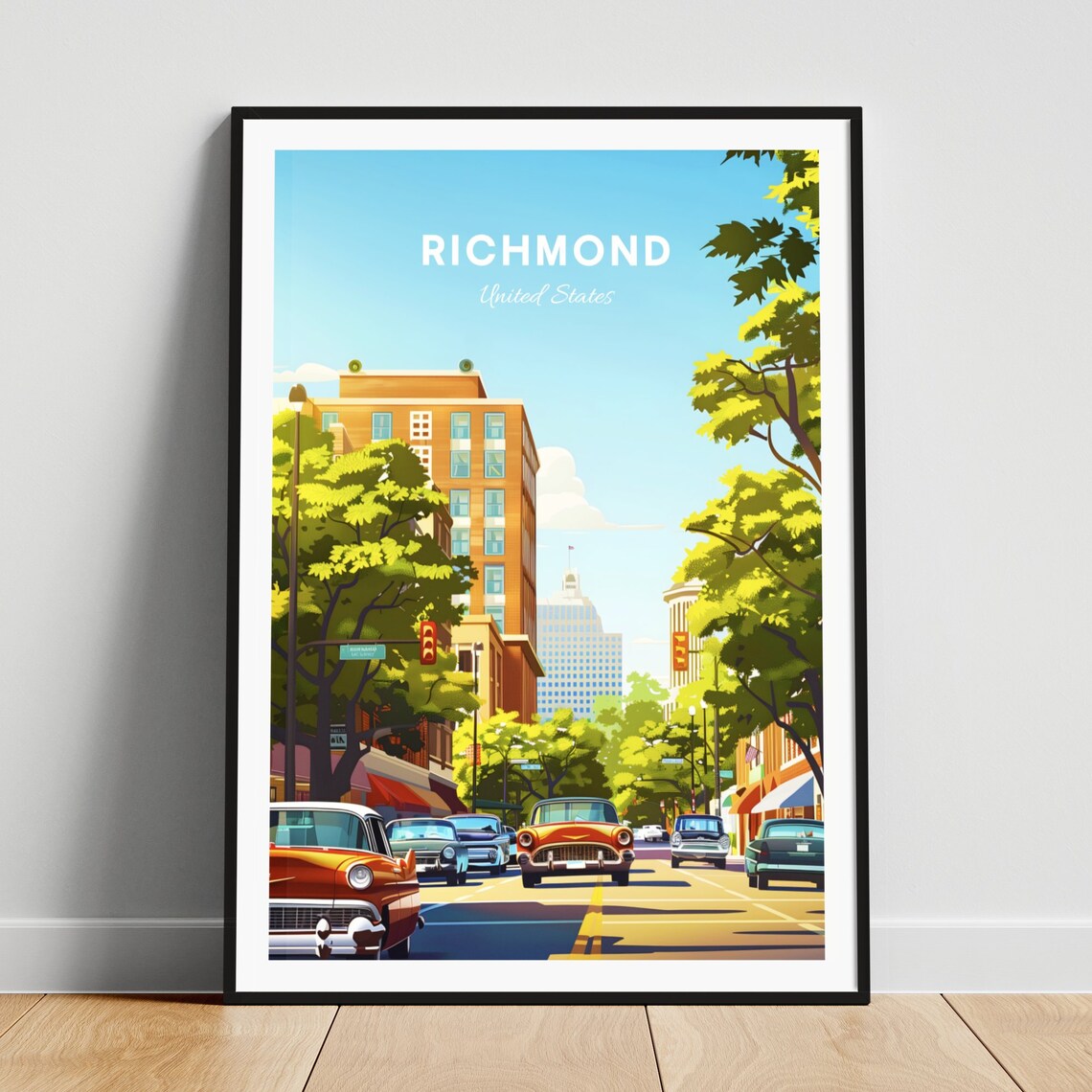 Richmond Vintage Street Scene with Classic Cars Travel Poster