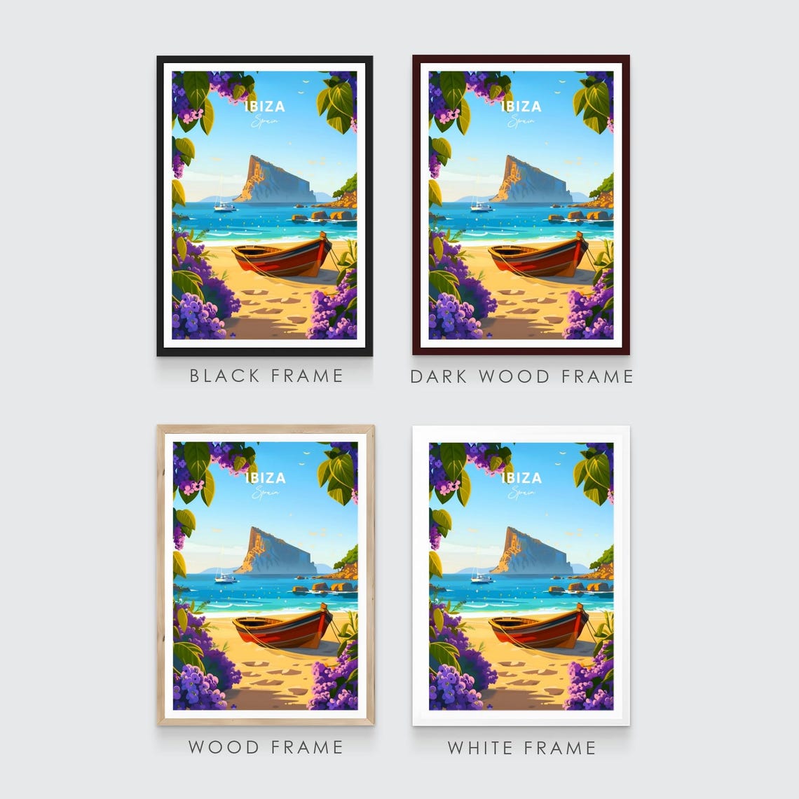 Ibiza Beach Rowboat Purple Flowers Rocky Islet Sailboat Travel Poster - Image 3