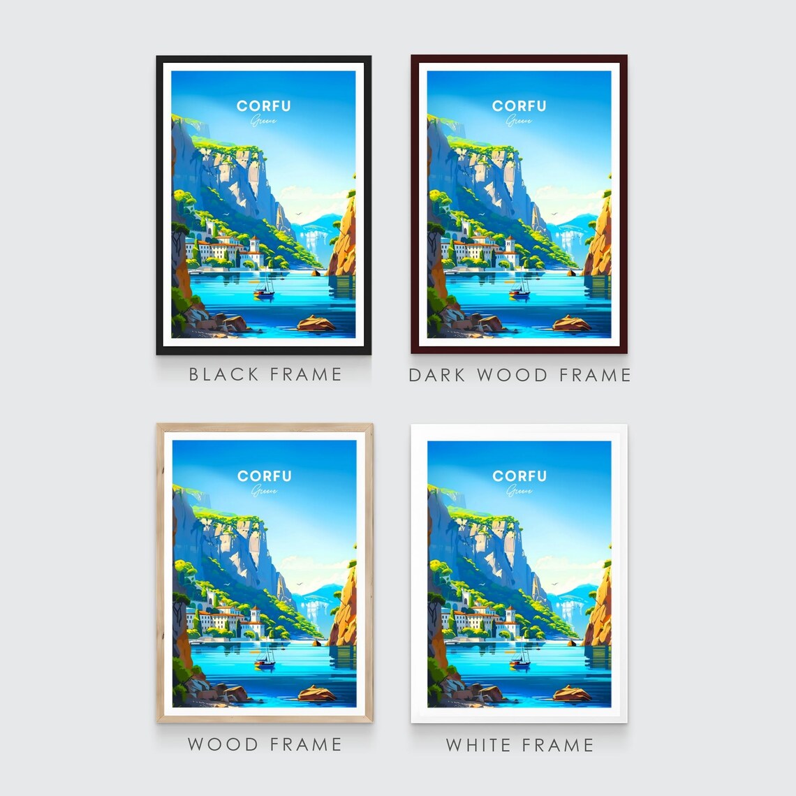 Corfu Greece Cliffside Village Turquoise Bay Sailboat Travel Poster - Image 3