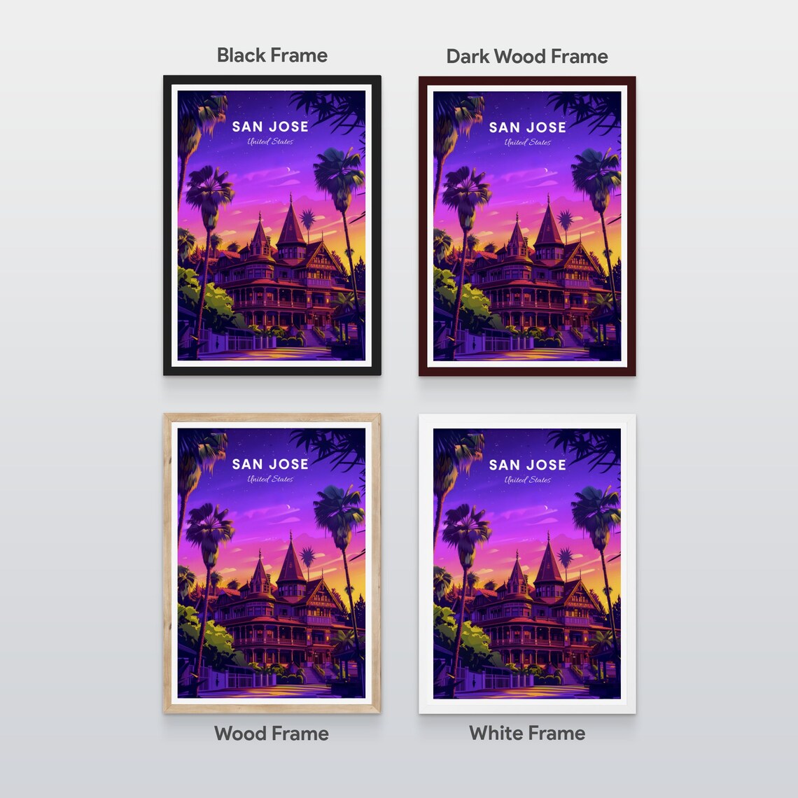 San Jose Victorian Mansion Purple Dusk Palm Trees Travel Poster - Image 2