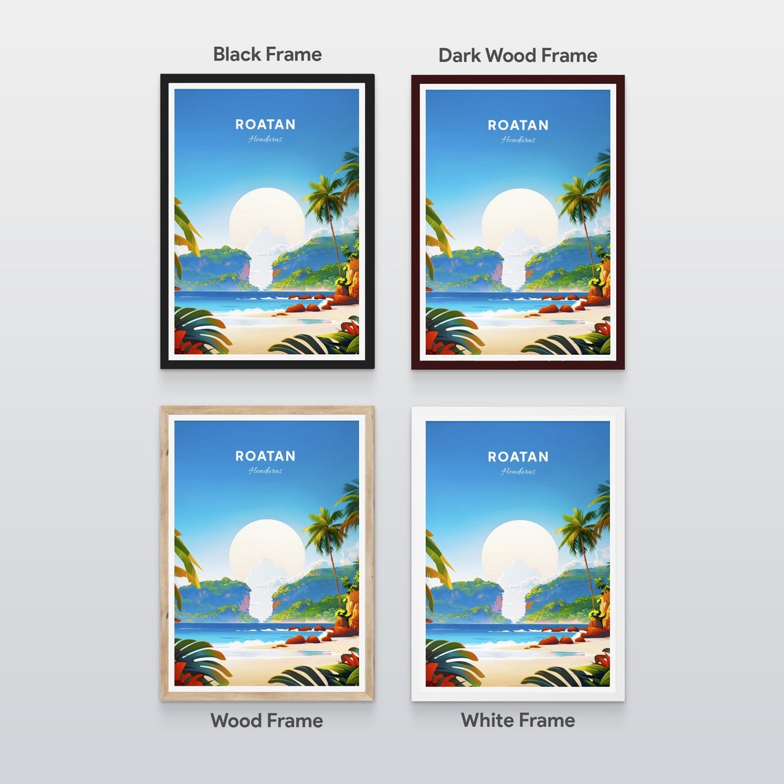 Roatan Honduras Tropical Beach Palm Trees Big Sun Paradise Poster - Image 2