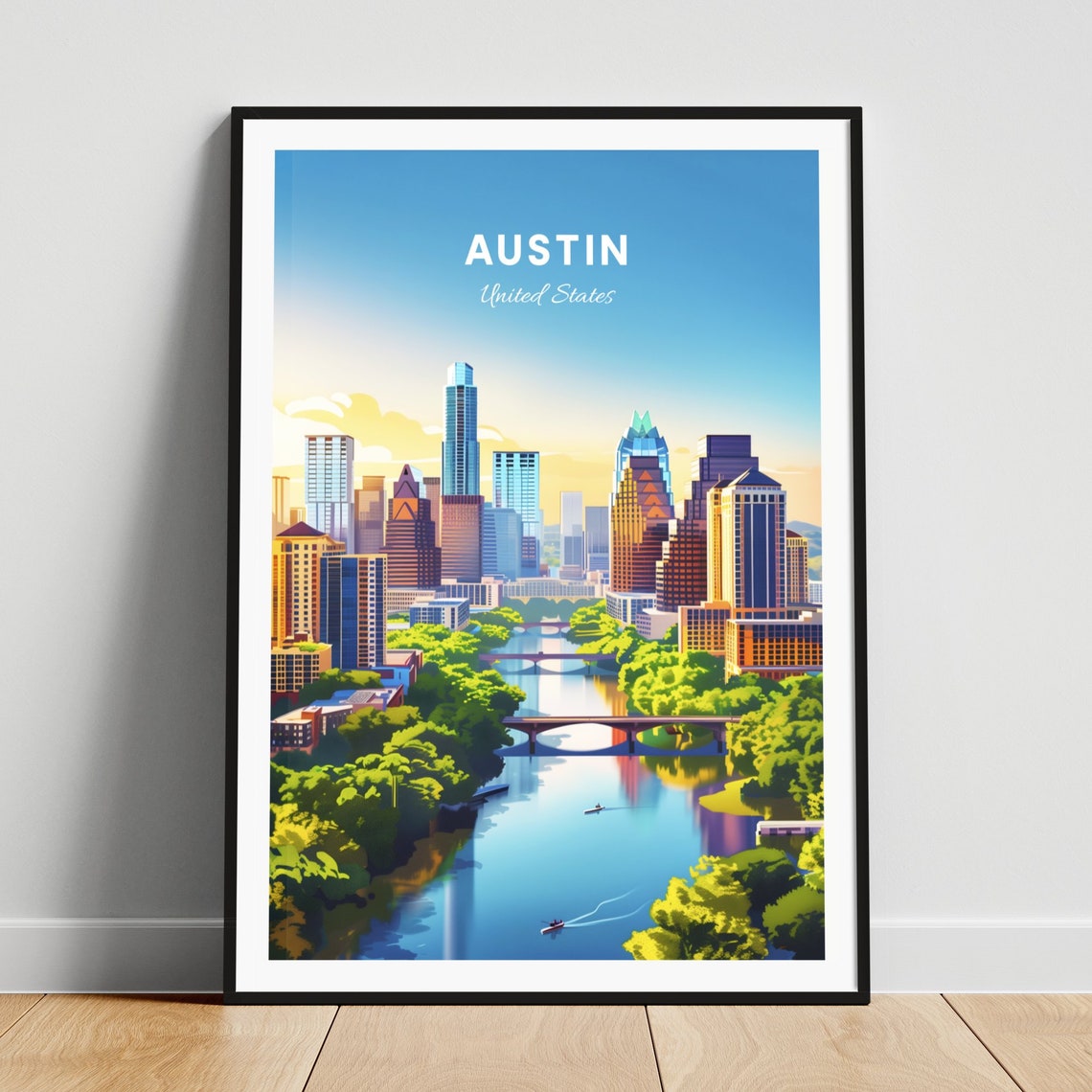Warm Austin Texas Skyline Over River Bridges at Sunset Poster