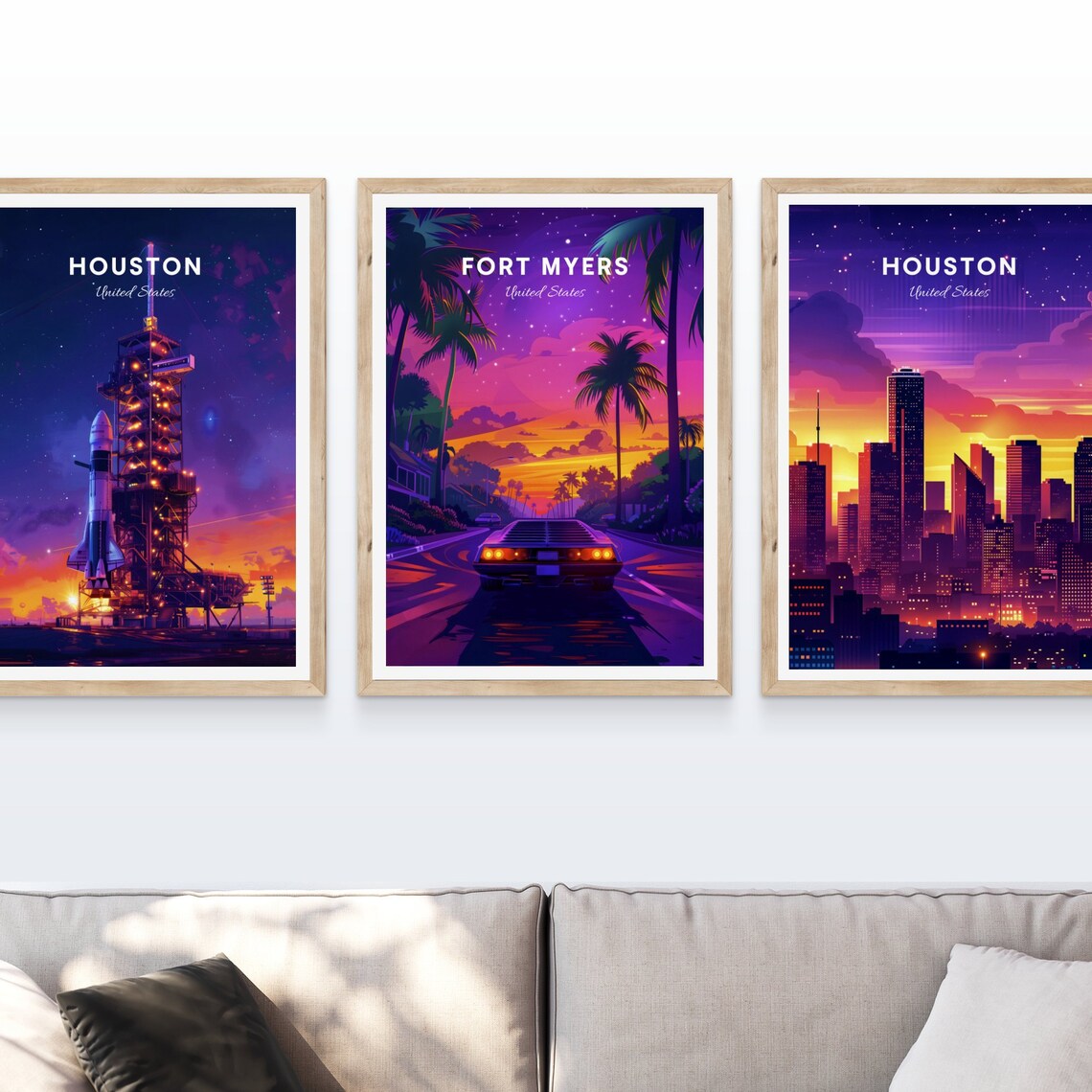 Fort Myers Florida Neon Sunset Classic Car Drive Travel Art Poster - Image 4