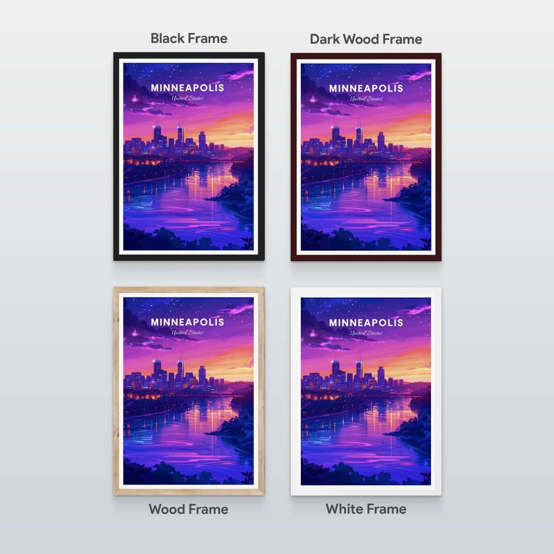 Minneapolis Minnesota Night Skyline River Lights Glow Travel Poster - Image 2