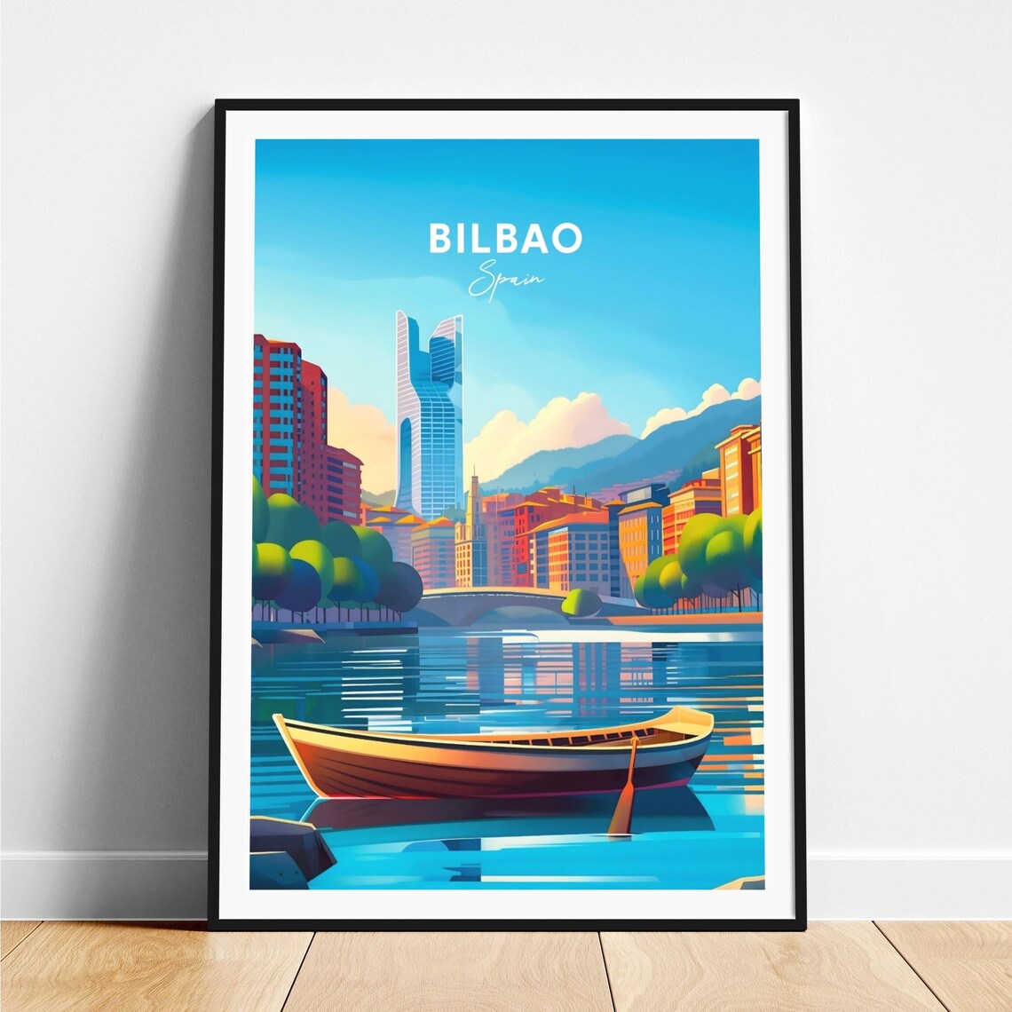 Bilbao Modern Riverside Towers Rowboat Bridge Water Travel Poster