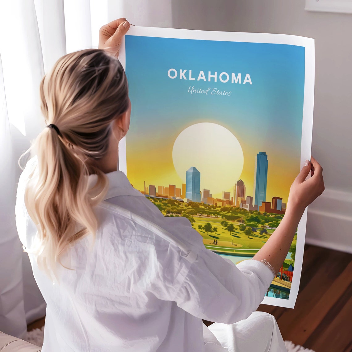 Oklahoma Big Sun City Park Skyline Warm Evening Glow Travel Poster - Image 3