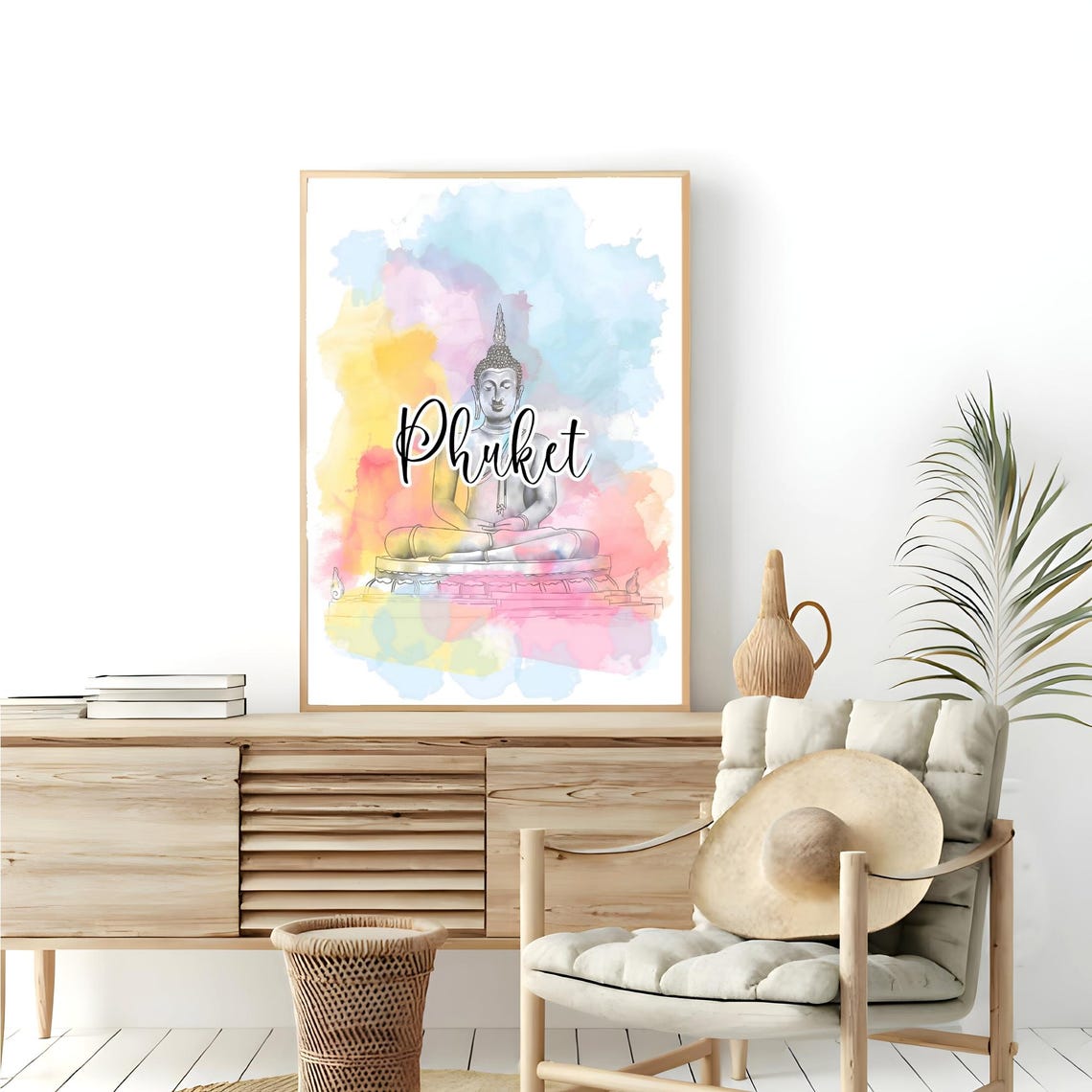 Serene Beautiful Phuket Buddha Statue Watercolor Travel Poster - Image 3