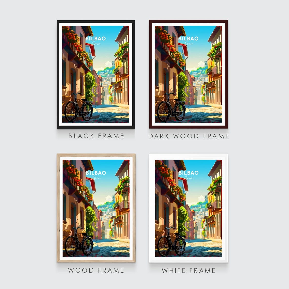 Bilbao Old Street Flower Balconies Bicycle Cobblestone Travel Poster - Image 3