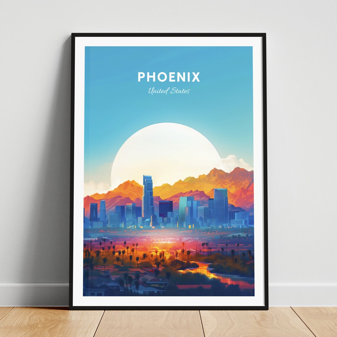 Phoenix Arizona Sunrise Skyline Palm Trees Vintage Travel Poster
