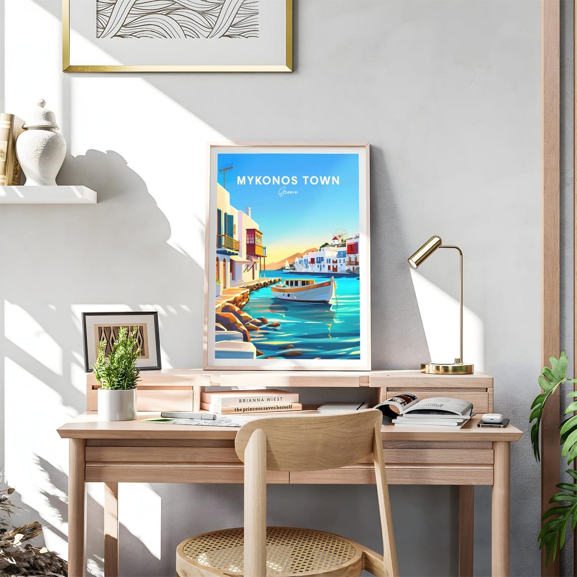 Mykonos Town Greece Harbor Boat Windmill Sunset View Travel Poster - Image 4