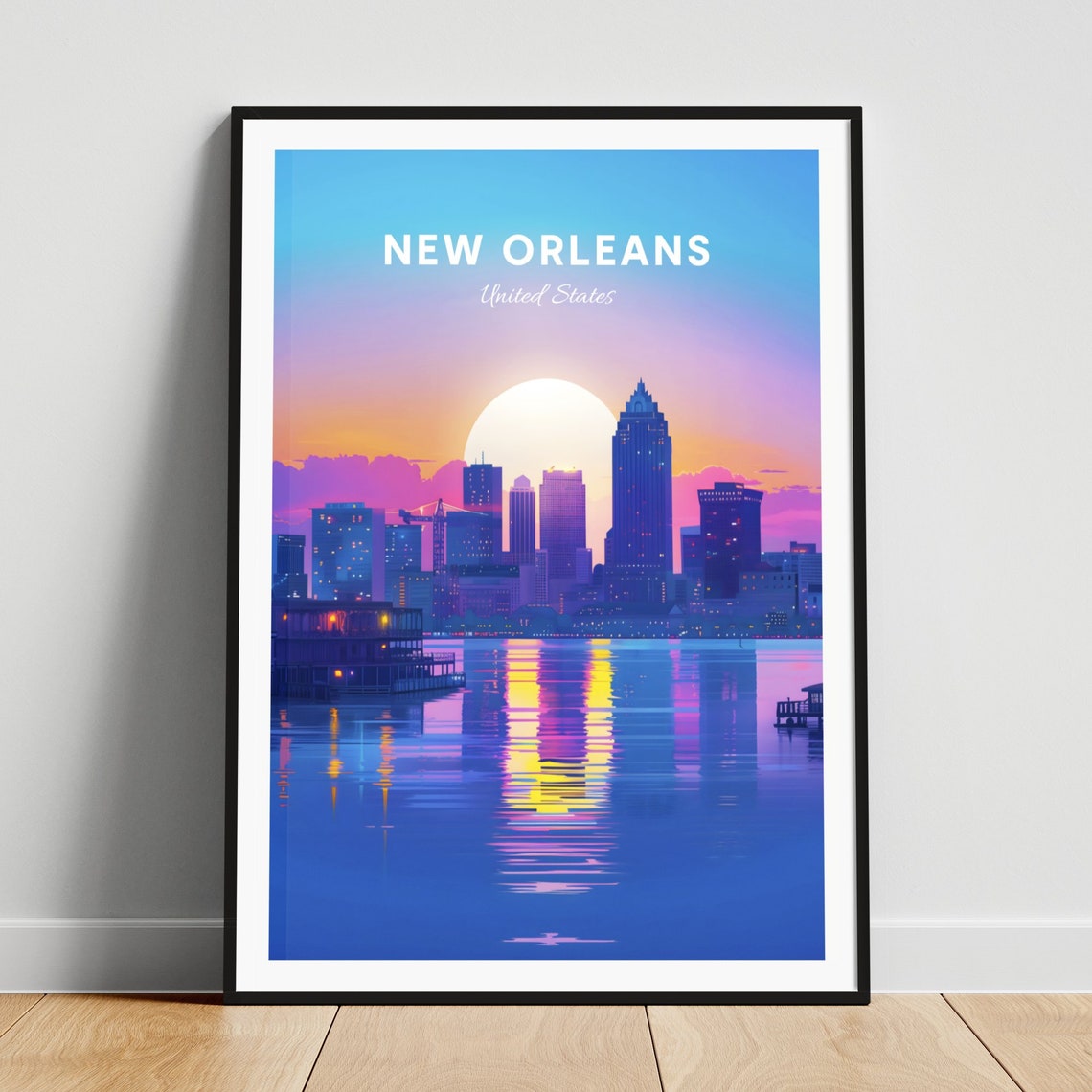 Vibrant New Orleans Sunset Skyline Reflections on Water Poster