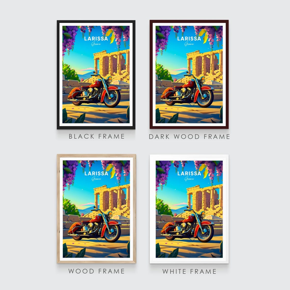 Larissa Greece Ancient Temple Red Motorcycle Ruins Travel Poster - Image 3