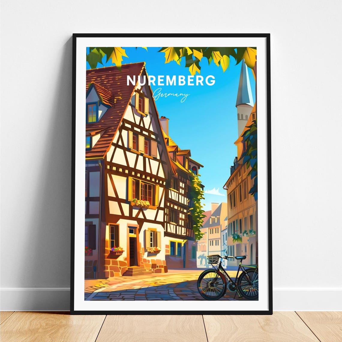 Nuremberg Half Timbered Old Town Street Bicycle Travel Poster