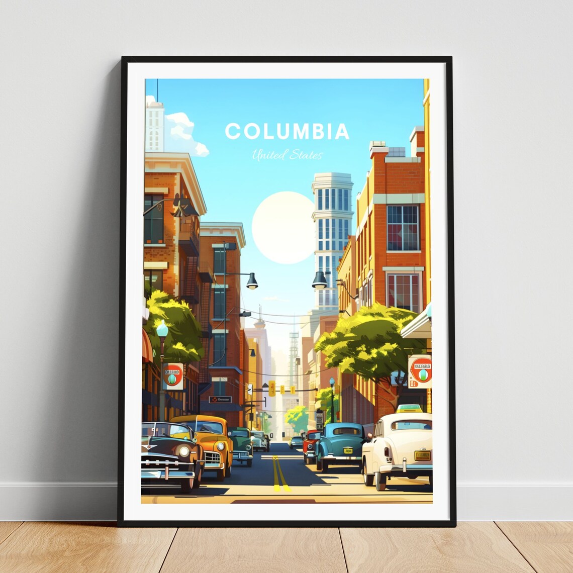 Columbia Classic Cars Brick Street Sunny Vintage Scene Travel Poster