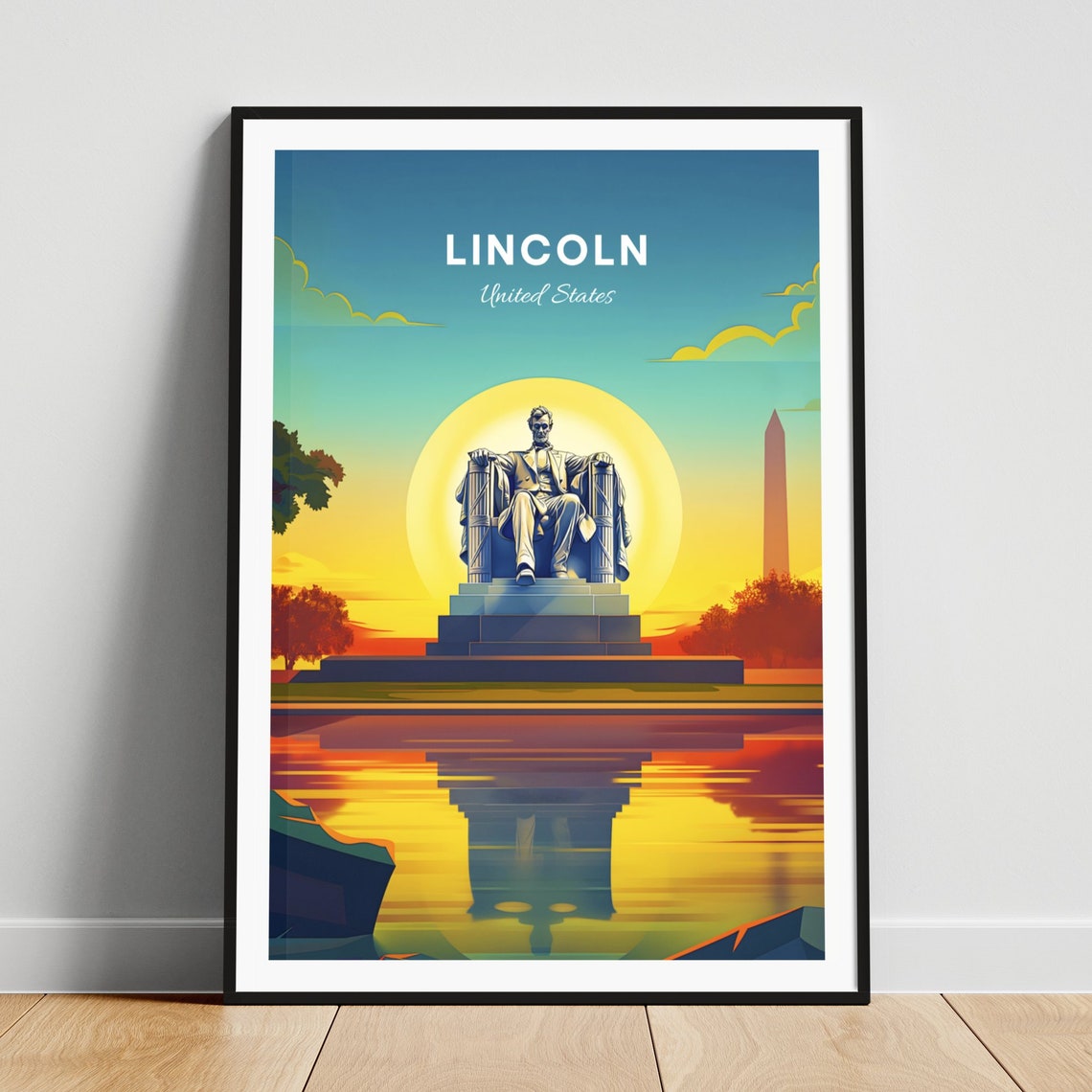 Lincoln United States Lincoln Statue Sunset Obelisk Reflection Poster