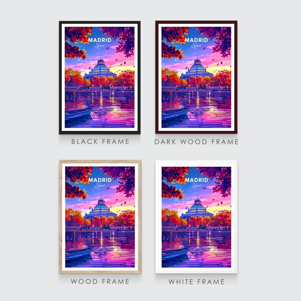 Madrid Dusk Glass Dome Lake Autumn Trees Purple Sky Travel Poster - Image 3