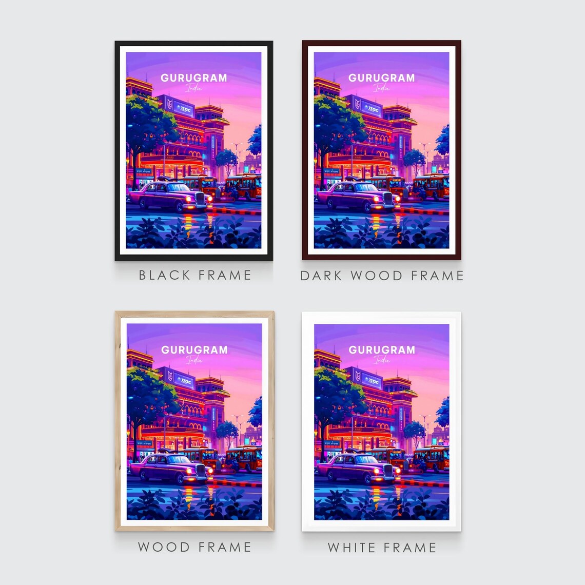 Gurugram India Dusk City Street Lights Vintage Car Travel Poster - Image 3