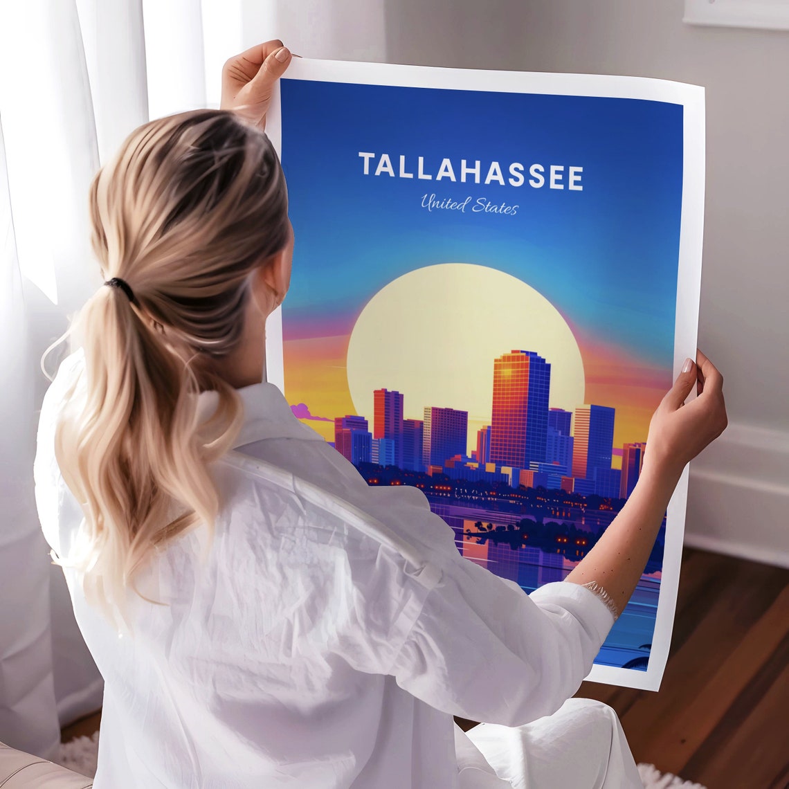 Tallahassee Florida Skyline Moonrise Waterfront Night Poster - Image 3