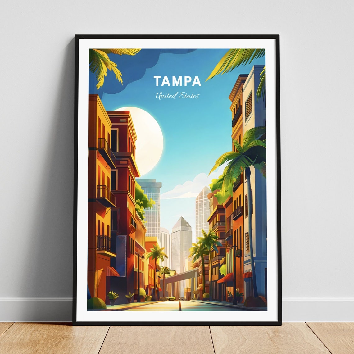 Tampa Florida Historic Downtown Street Palm Trees Moon Travel Poster