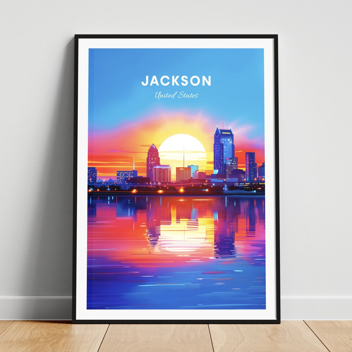 Jackson Fiery Sunset Waterfront Skyline Reflection Travel Poster
