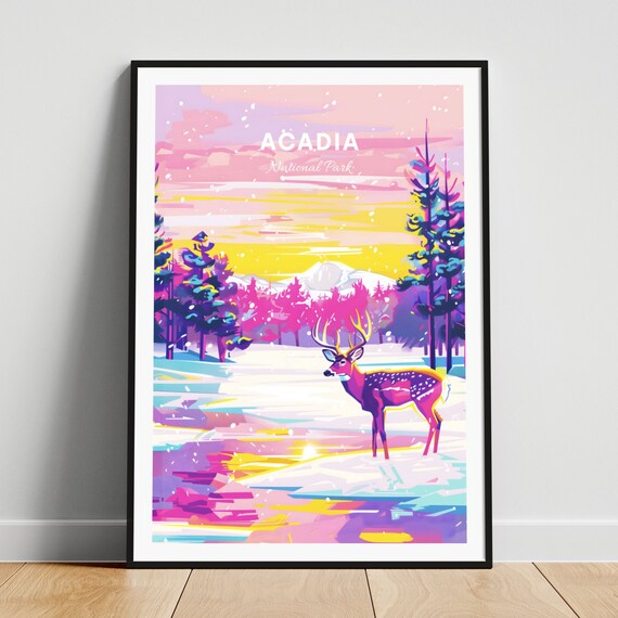 Acadia National Park Winter Deer Snowy Forest Sunset Travel Poster